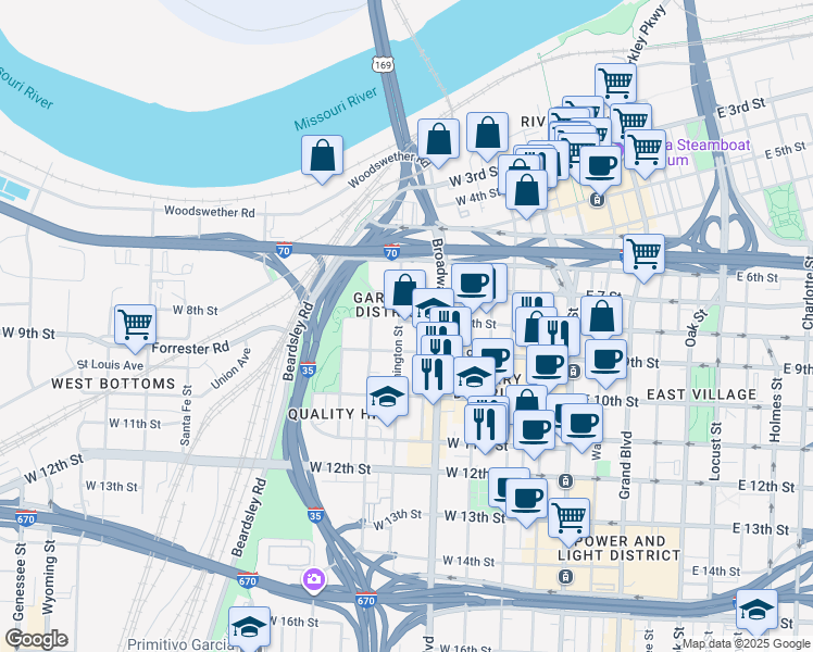 map of restaurants, bars, coffee shops, grocery stores, and more near in Kansas City