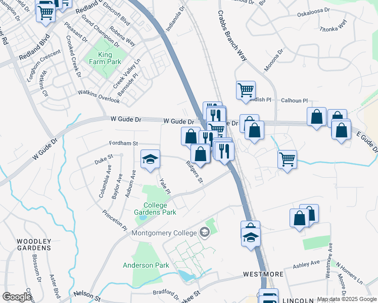 map of restaurants, bars, coffee shops, grocery stores, and more near 40 West Gude Drive in Rockville