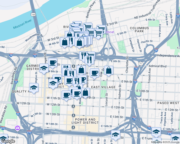 map of restaurants, bars, coffee shops, grocery stores, and more near in Kansas City