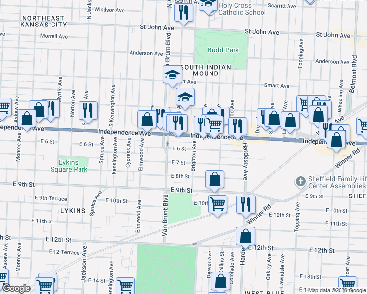 map of restaurants, bars, coffee shops, grocery stores, and more near 4835 Independence Avenue in Kansas City