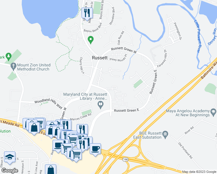 map of restaurants, bars, coffee shops, grocery stores, and more near 3400 Bitterwood Place in Laurel