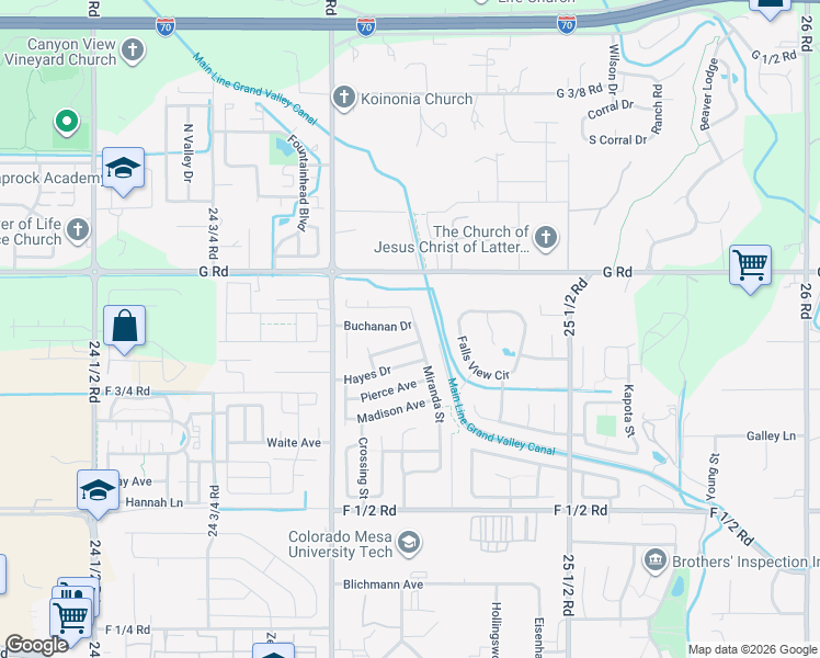 map of restaurants, bars, coffee shops, grocery stores, and more near 2518 Buchanan Drive in Grand Junction