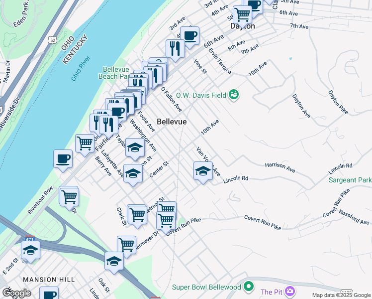 map of restaurants, bars, coffee shops, grocery stores, and more near 618 Center Street in Bellevue