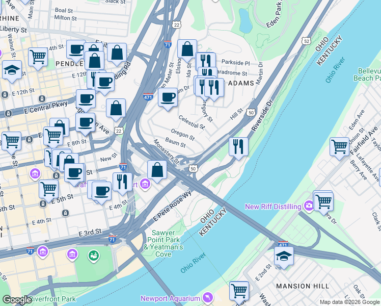 map of restaurants, bars, coffee shops, grocery stores, and more near 343 Baum Street in Cincinnati