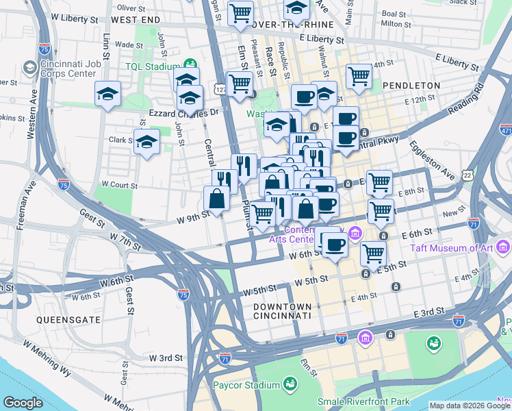 map of restaurants, bars, coffee shops, grocery stores, and more near 90 West 9th Street in Cincinnati