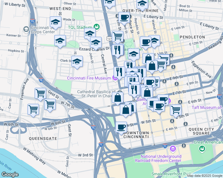 map of restaurants, bars, coffee shops, grocery stores, and more near 754 Richmond Street in Cincinnati