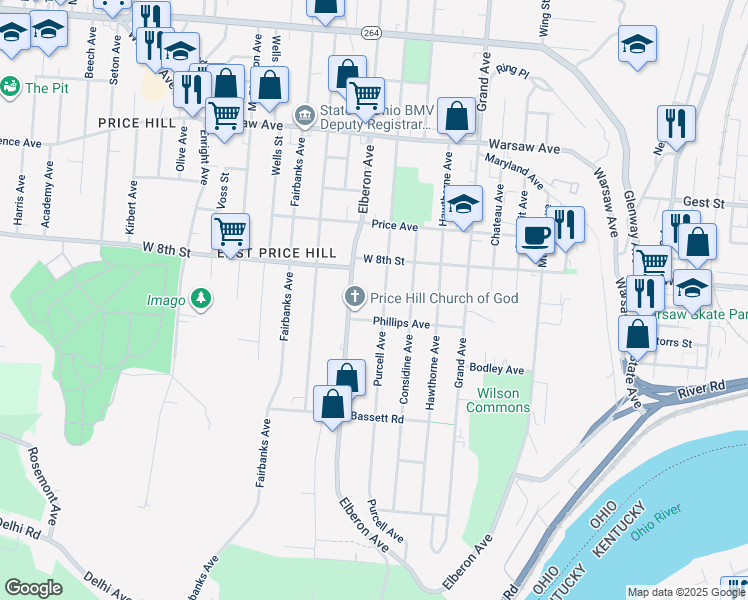 map of restaurants, bars, coffee shops, grocery stores, and more near 728 Elberon Avenue in Cincinnati