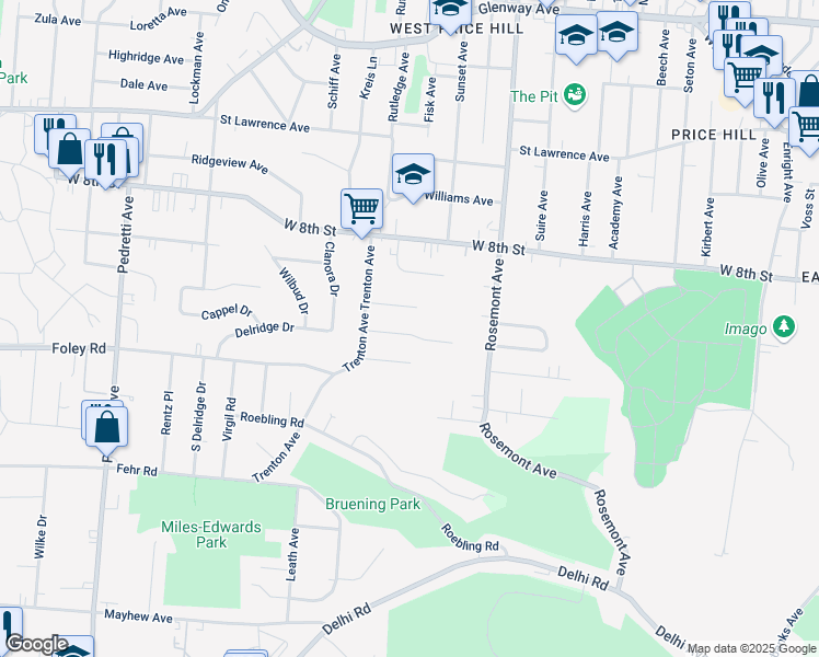 map of restaurants, bars, coffee shops, grocery stores, and more near 4115 Flower Avenue in Cincinnati