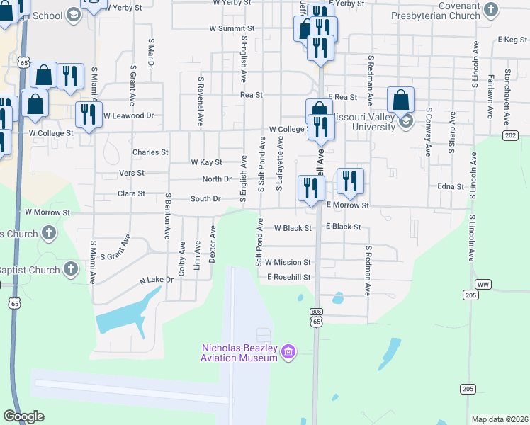 map of restaurants, bars, coffee shops, grocery stores, and more near 1483 South Lafayette Avenue in Marshall