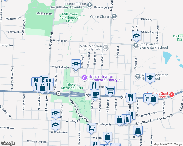 map of restaurants, bars, coffee shops, grocery stores, and more near 1221 North Spring Street in Independence