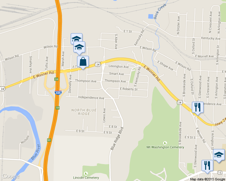 map of restaurants, bars, coffee shops, grocery stores, and more near 8708 Roberts Street in Kansas City