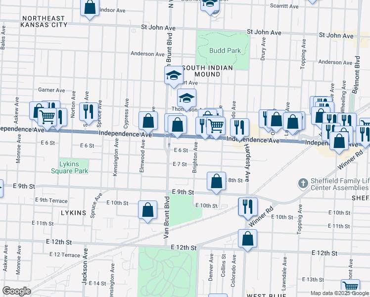 map of restaurants, bars, coffee shops, grocery stores, and more near 4835 Independence Avenue in Kansas City