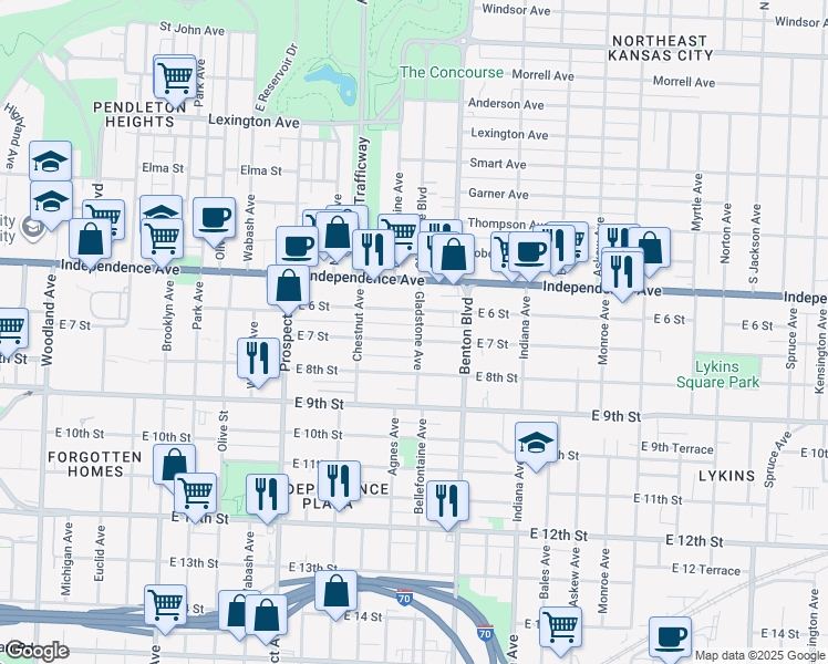 map of restaurants, bars, coffee shops, grocery stores, and more near 2837 East 6 Street in Kansas City