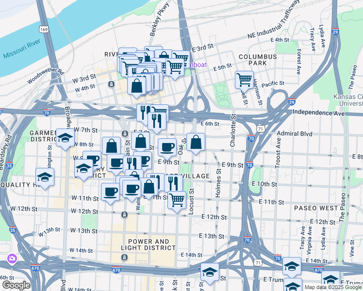 map of restaurants, bars, coffee shops, grocery stores, and more near 702 Oak Street in Kansas City