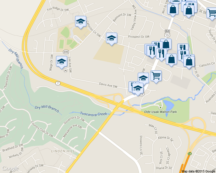 map of restaurants, bars, coffee shops, grocery stores, and more near 201 Davis Avenue Southwest in Leesburg