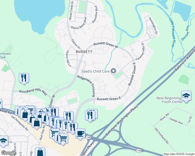 map of restaurants, bars, coffee shops, grocery stores, and more near 3406 Bitterwood Place in Laurel