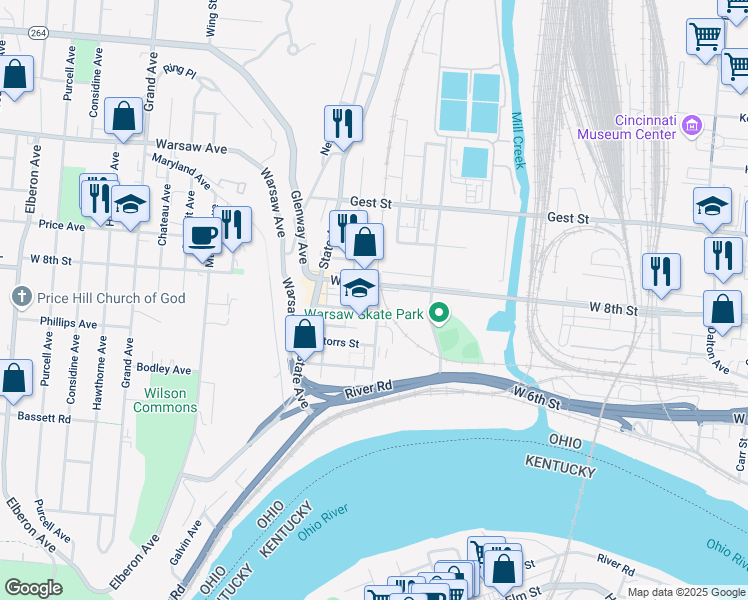 map of restaurants, bars, coffee shops, grocery stores, and more near 739 Burns Street in Cincinnati