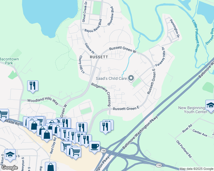 map of restaurants, bars, coffee shops, grocery stores, and more near 3400 Bitterwood Place in Laurel
