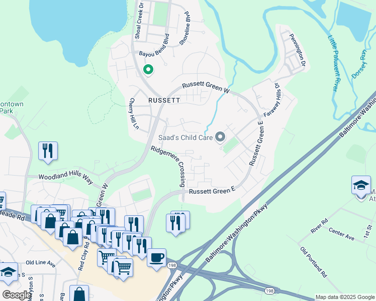 map of restaurants, bars, coffee shops, grocery stores, and more near 3404 Bitterwood Place in Laurel