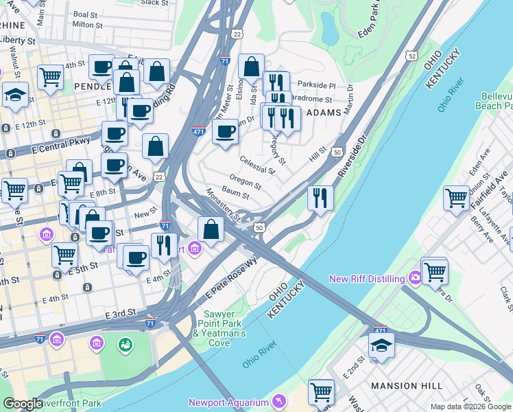 map of restaurants, bars, coffee shops, grocery stores, and more near 343 Baum Street in Cincinnati