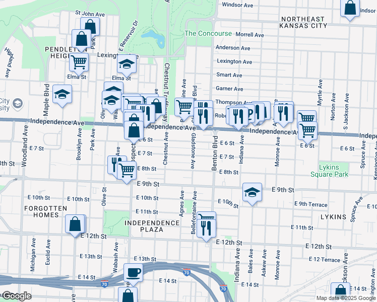 map of restaurants, bars, coffee shops, grocery stores, and more near 2837 East 6 Street in Kansas City