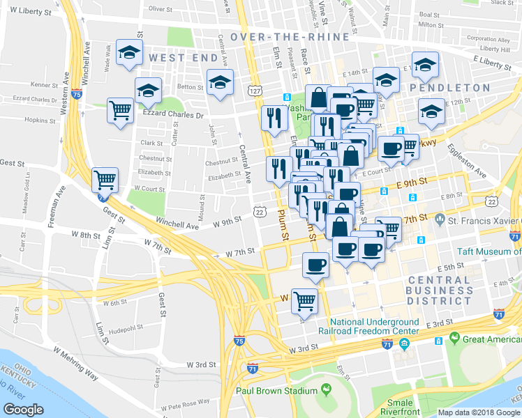 map of restaurants, bars, coffee shops, grocery stores, and more near 324 West 9th Street in Cincinnati