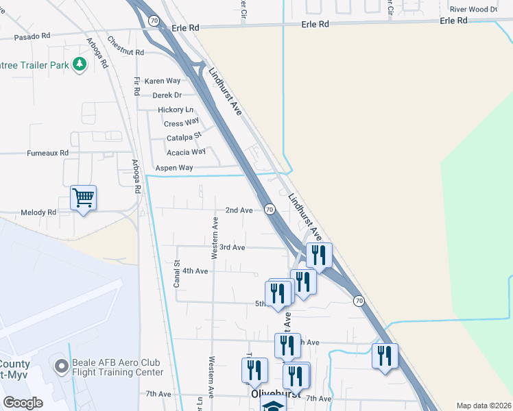 map of restaurants, bars, coffee shops, grocery stores, and more near 5212 Chestnut Road in Olivehurst