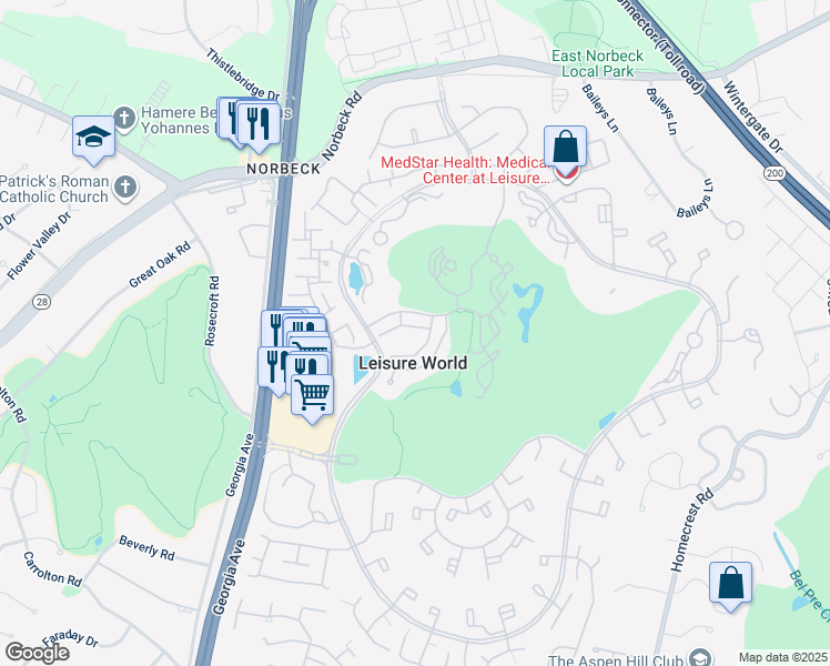 map of restaurants, bars, coffee shops, grocery stores, and more near 3500 Forest Edge Drive in Silver Spring