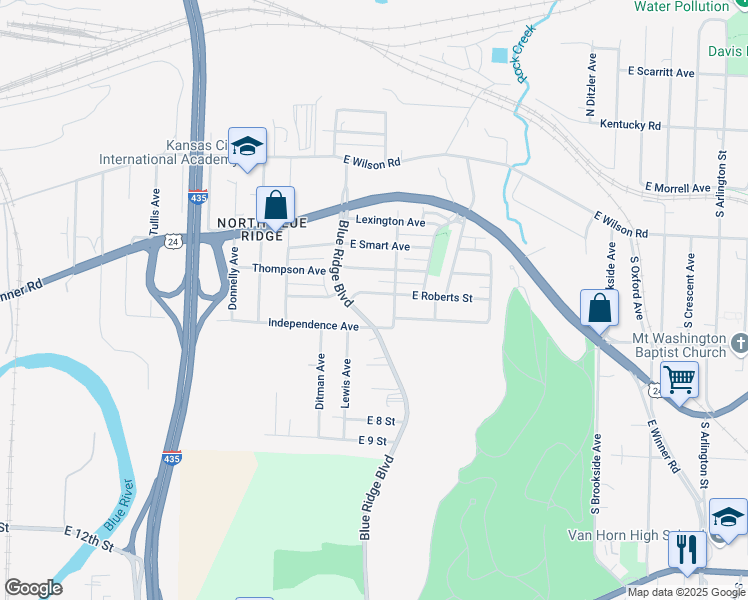 map of restaurants, bars, coffee shops, grocery stores, and more near 8708 Roberts Street in Kansas City