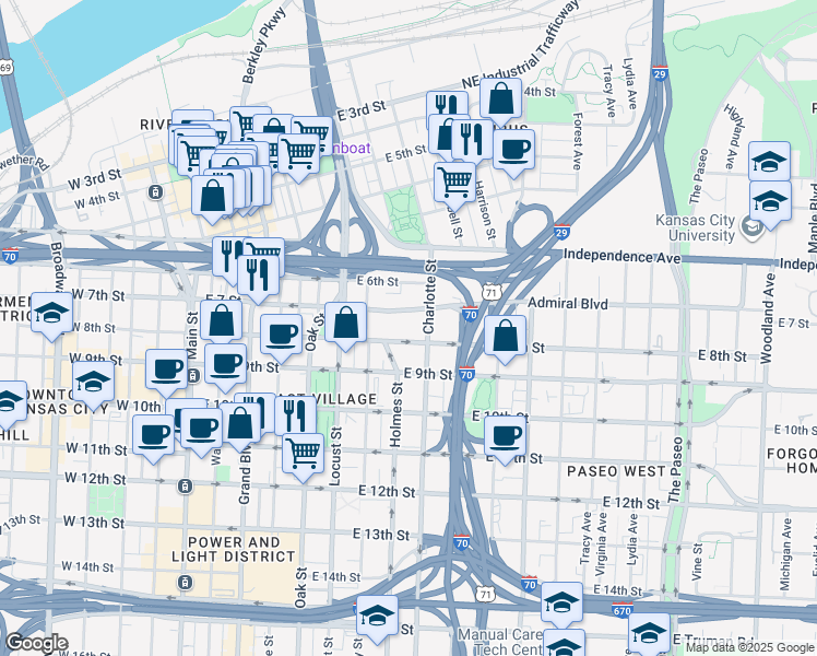 map of restaurants, bars, coffee shops, grocery stores, and more near 700 East 8th Street in Kansas City