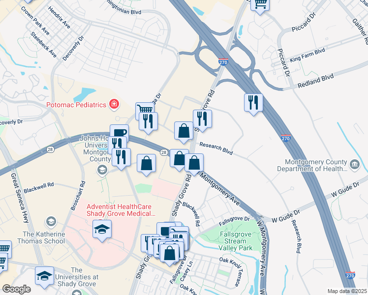 map of restaurants, bars, coffee shops, grocery stores, and more near 15200 Shady Grove Road in Rockville