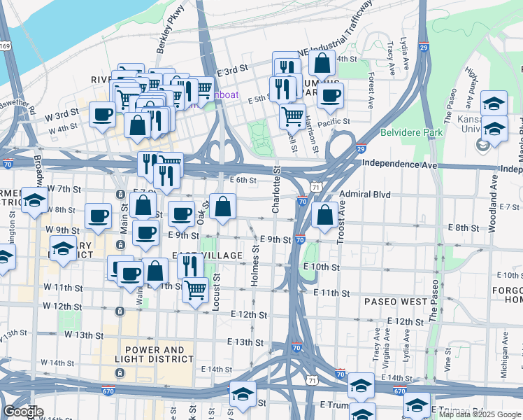 map of restaurants, bars, coffee shops, grocery stores, and more near 600 East 8th Street in Kansas City