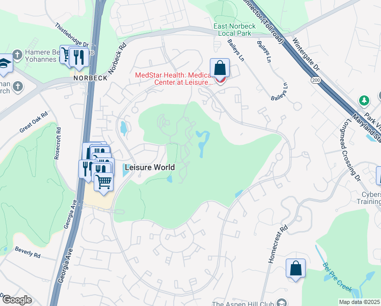 map of restaurants, bars, coffee shops, grocery stores, and more near 15107 Interlachen Drive in Silver Spring