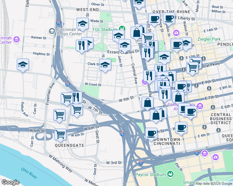 map of restaurants, bars, coffee shops, grocery stores, and more near 936 Mound Street in Cincinnati