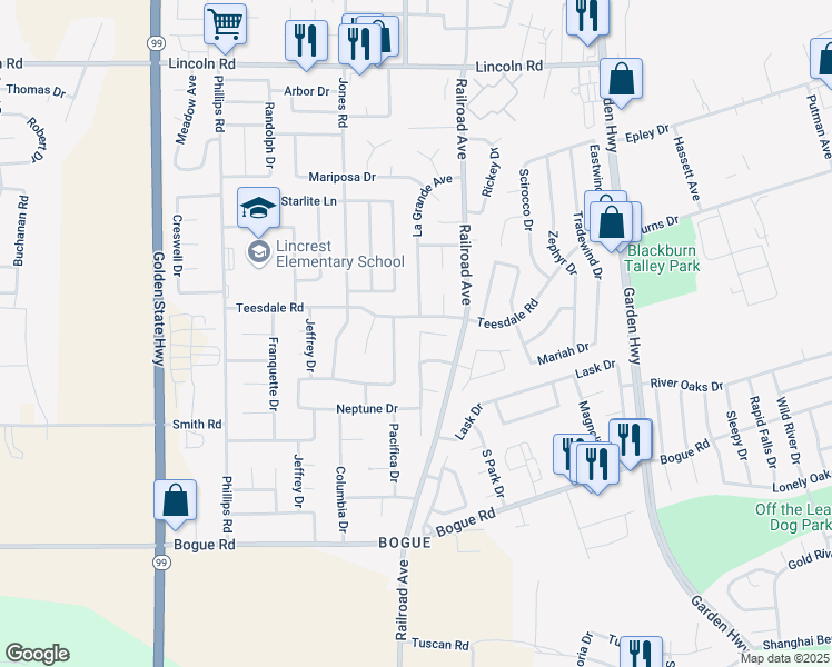 map of restaurants, bars, coffee shops, grocery stores, and more near 1539 Del Lago in Yuba City