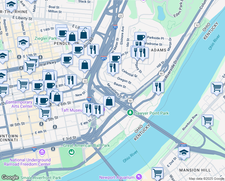 map of restaurants, bars, coffee shops, grocery stores, and more near 363 Kilgour Street in Cincinnati