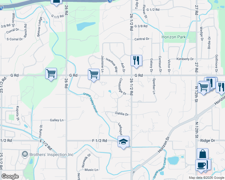 map of restaurants, bars, coffee shops, grocery stores, and more near 689 Crestridge Drive in Grand Junction