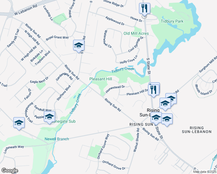 map of restaurants, bars, coffee shops, grocery stores, and more near 83 Homestead Drive in Rising Sun-Lebanon