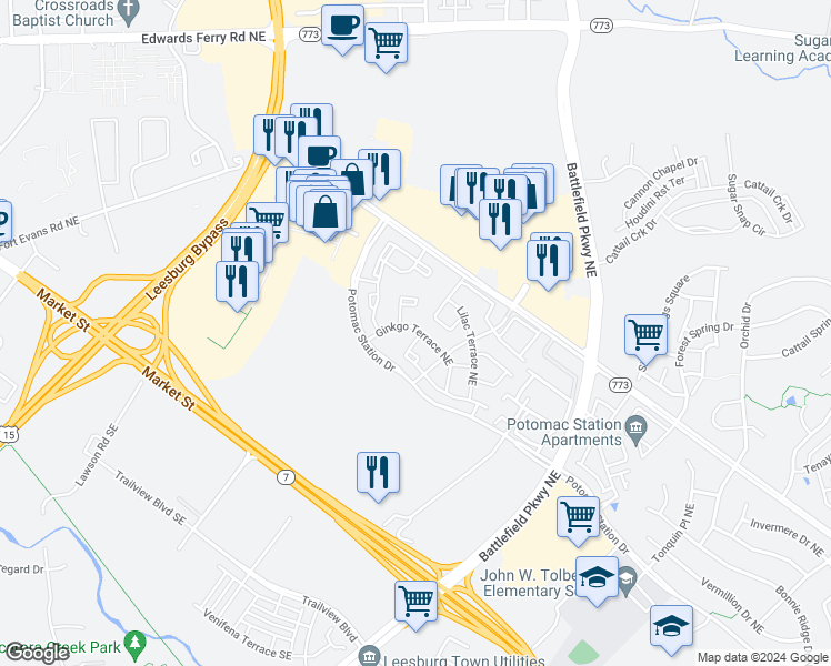 map of restaurants, bars, coffee shops, grocery stores, and more near 461 Sparkleberry Terrace Northeast in Leesburg