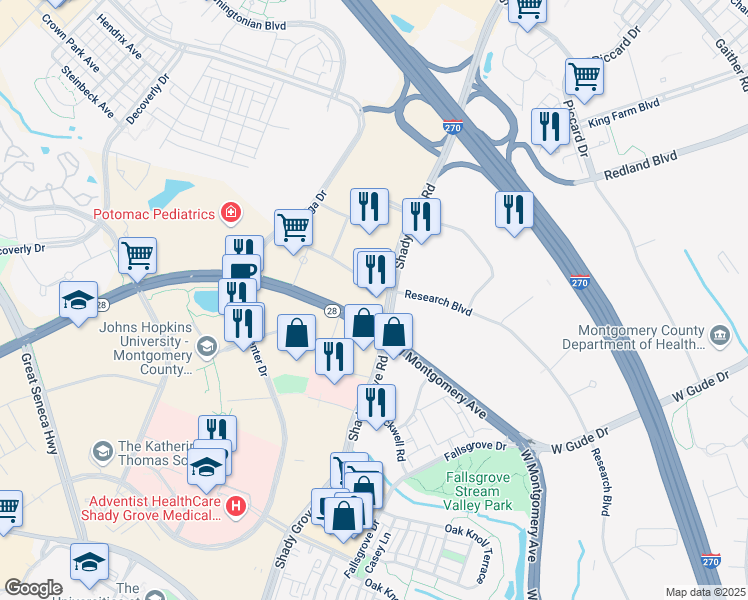 map of restaurants, bars, coffee shops, grocery stores, and more near 15200 Shady Grove Road in Rockville