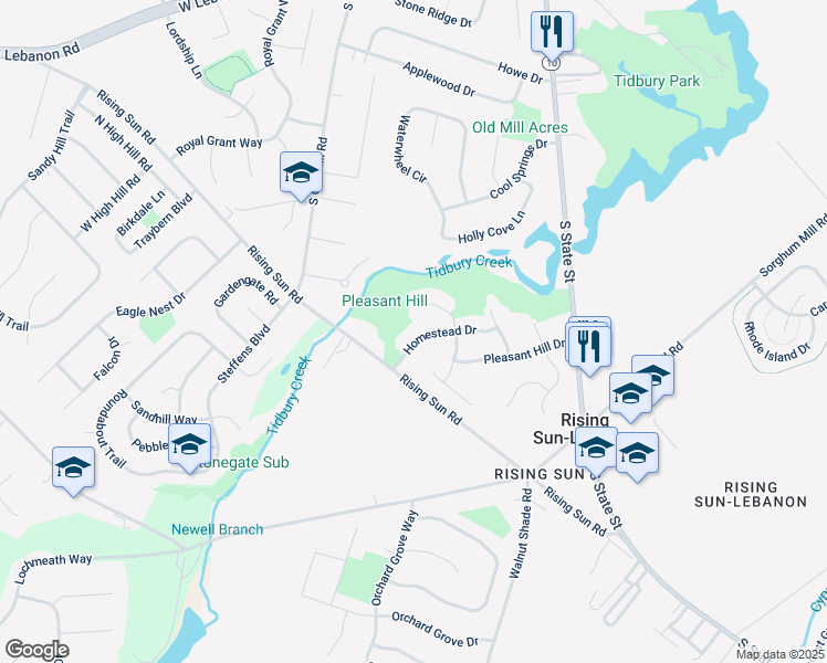 map of restaurants, bars, coffee shops, grocery stores, and more near 83 Homestead Drive in Rising Sun-Lebanon