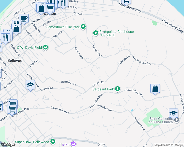 map of restaurants, bars, coffee shops, grocery stores, and more near 1608 Chateau Ridge Drive in Dayton