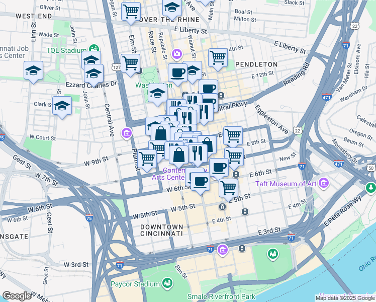 map of restaurants, bars, coffee shops, grocery stores, and more near 13 West 9th Street in Cincinnati
