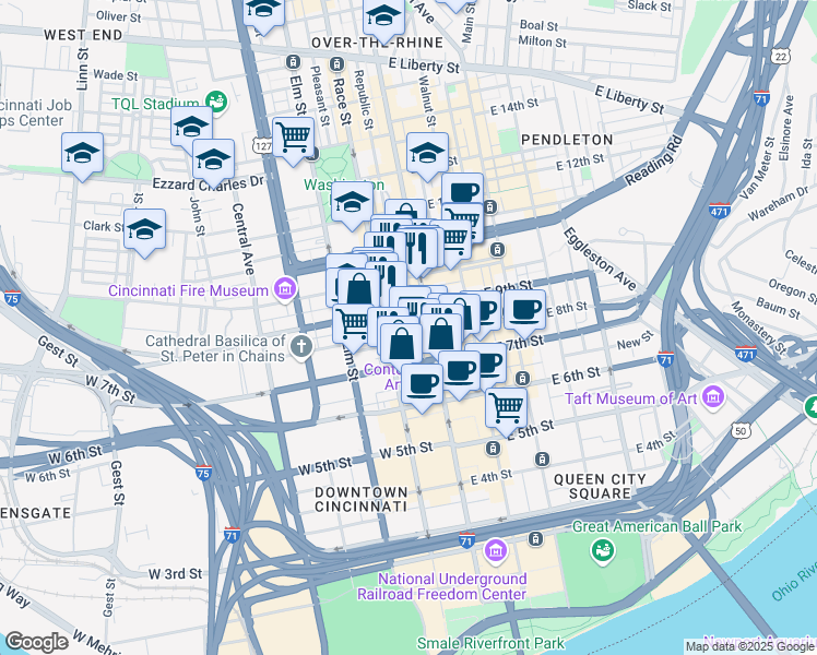 map of restaurants, bars, coffee shops, grocery stores, and more near 13 West 9th Street in Cincinnati