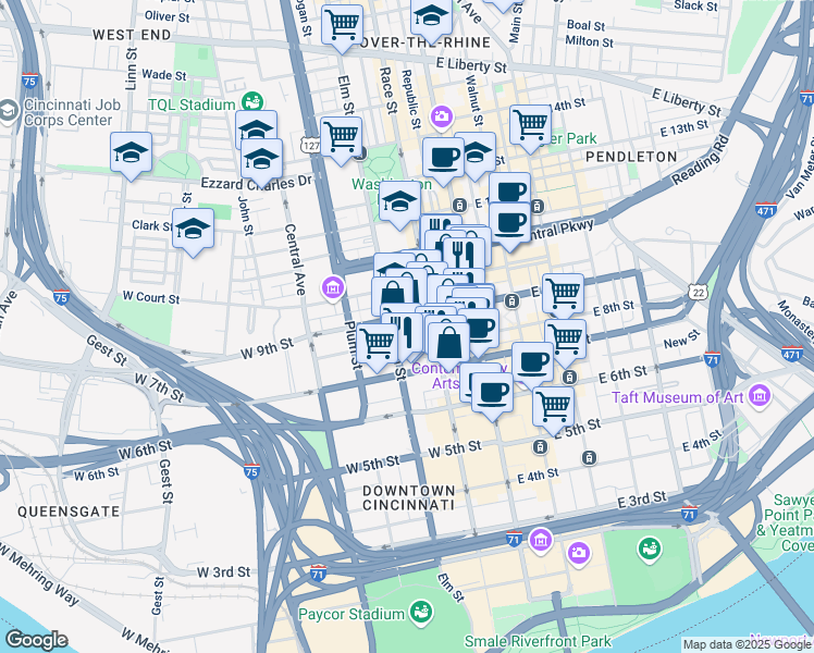 map of restaurants, bars, coffee shops, grocery stores, and more near in Cincinnati