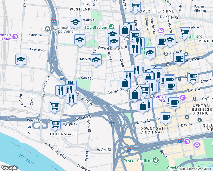 map of restaurants, bars, coffee shops, grocery stores, and more near 936 Mound Street in Cincinnati