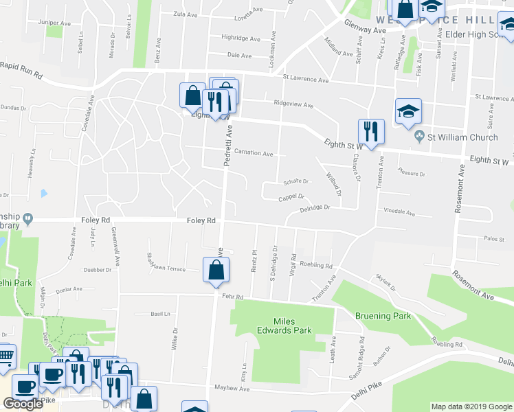 map of restaurants, bars, coffee shops, grocery stores, and more near 600 Overlook Avenue in Cincinnati