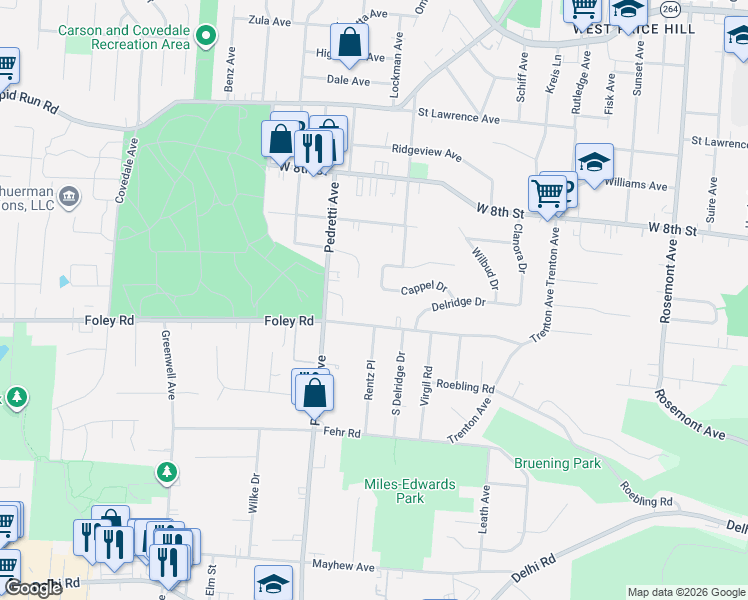 map of restaurants, bars, coffee shops, grocery stores, and more near 600 Overlook Avenue in Cincinnati