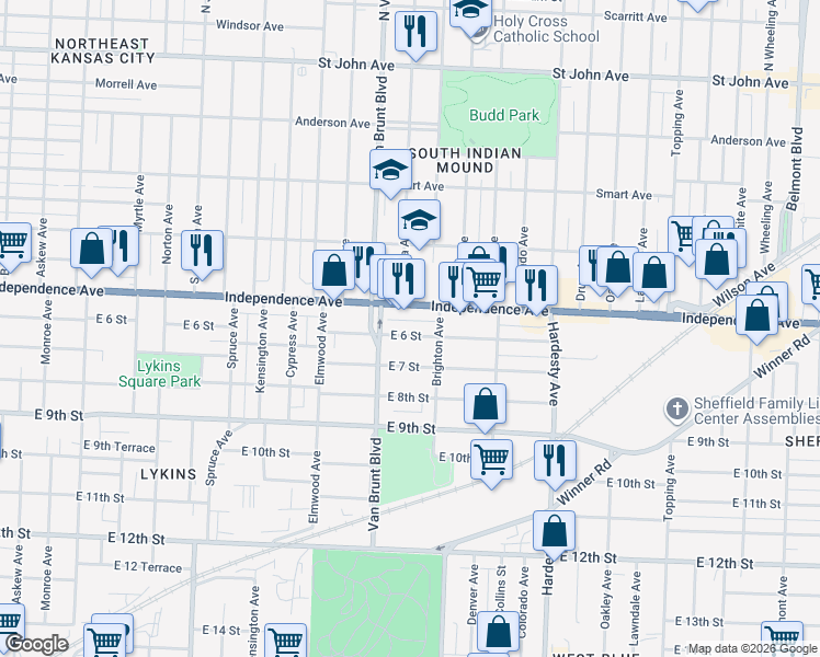 map of restaurants, bars, coffee shops, grocery stores, and more near 4835 Independence Avenue in Kansas City