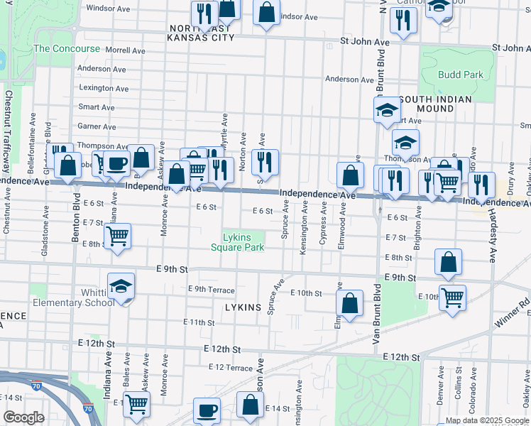 map of restaurants, bars, coffee shops, grocery stores, and more near 4124 East 6 Street in Kansas City